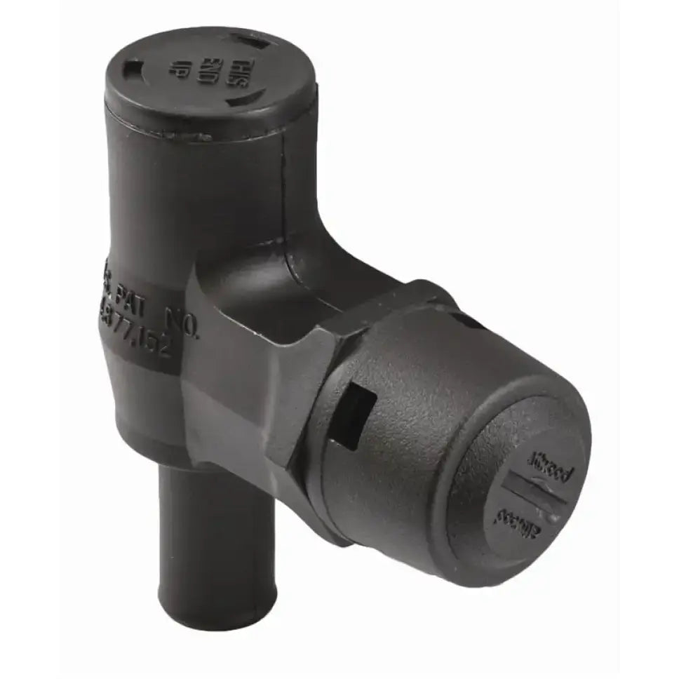 Black ABS plastic irrigation valve for fuel tank ventilation in Attwood Marine Vent-Fuel P-Trap