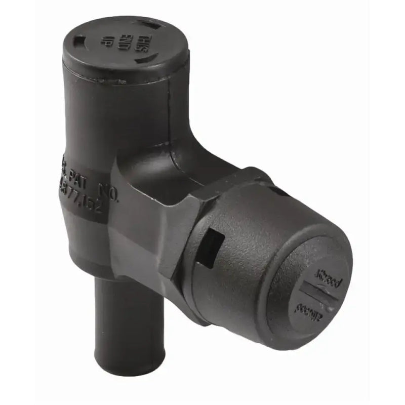 Black ABS plastic irrigation valve for fuel tank ventilation in Attwood Marine Vent-Fuel P-Trap