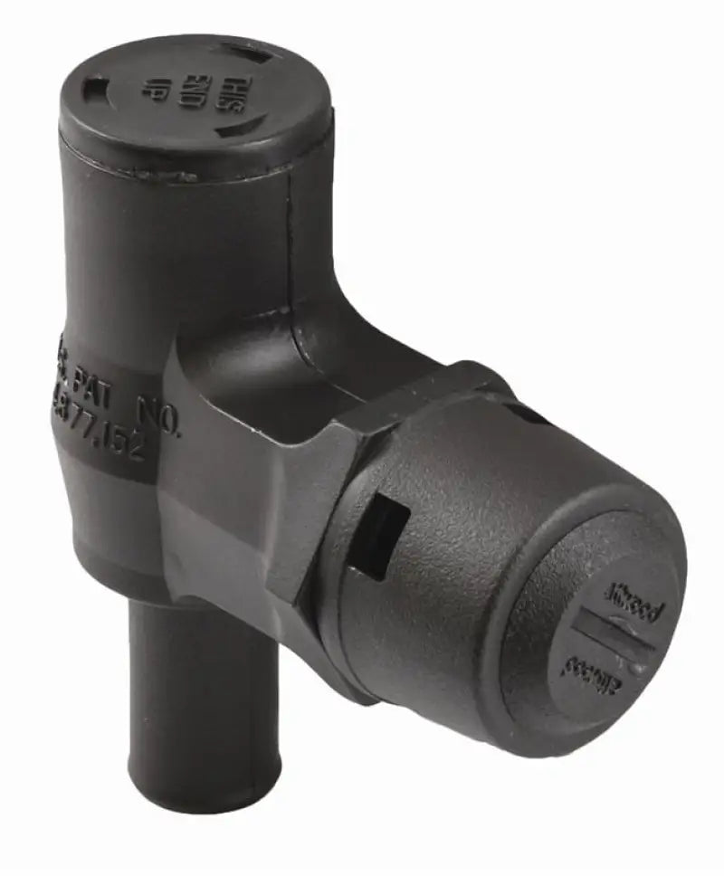 Black ABS plastic irrigation valve for fuel tank ventilation in Attwood Marine Vent-Fuel P-Trap