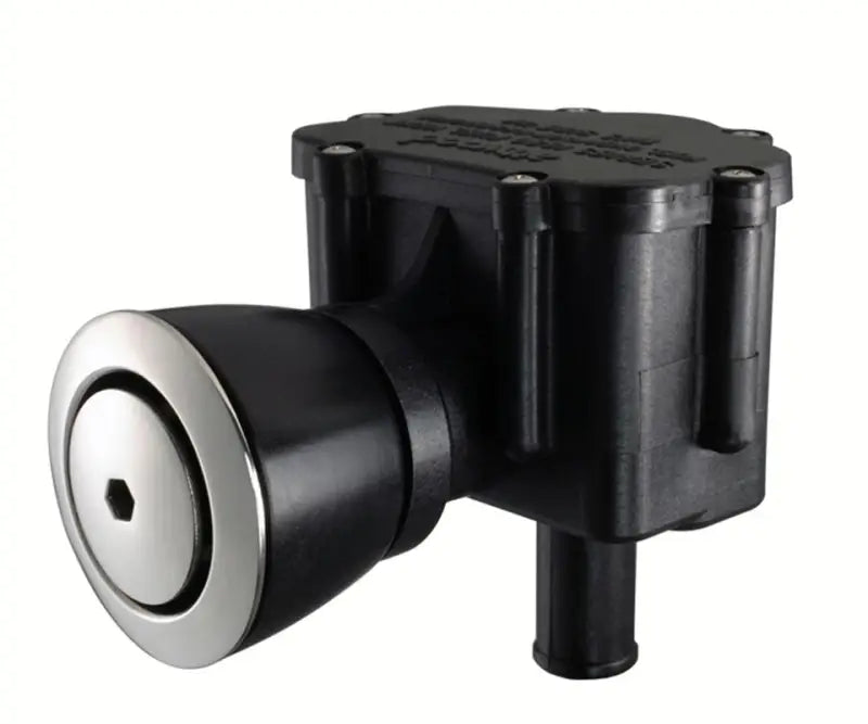 Black plastic marine air vent with chrome trim on 1684-1 Attwood fuel surge protector