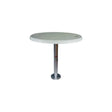 Round white Springfield table with a silver pedestal from the Springfield table package