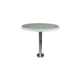 Round white Springfield table with a silver pedestal from the Springfield table package