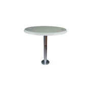 Round white Springfield table with a silver pedestal from the Springfield table package