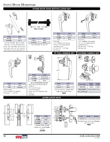 Swing door hardware catalog featuring 17-71K Strybuc push button latch with key in black