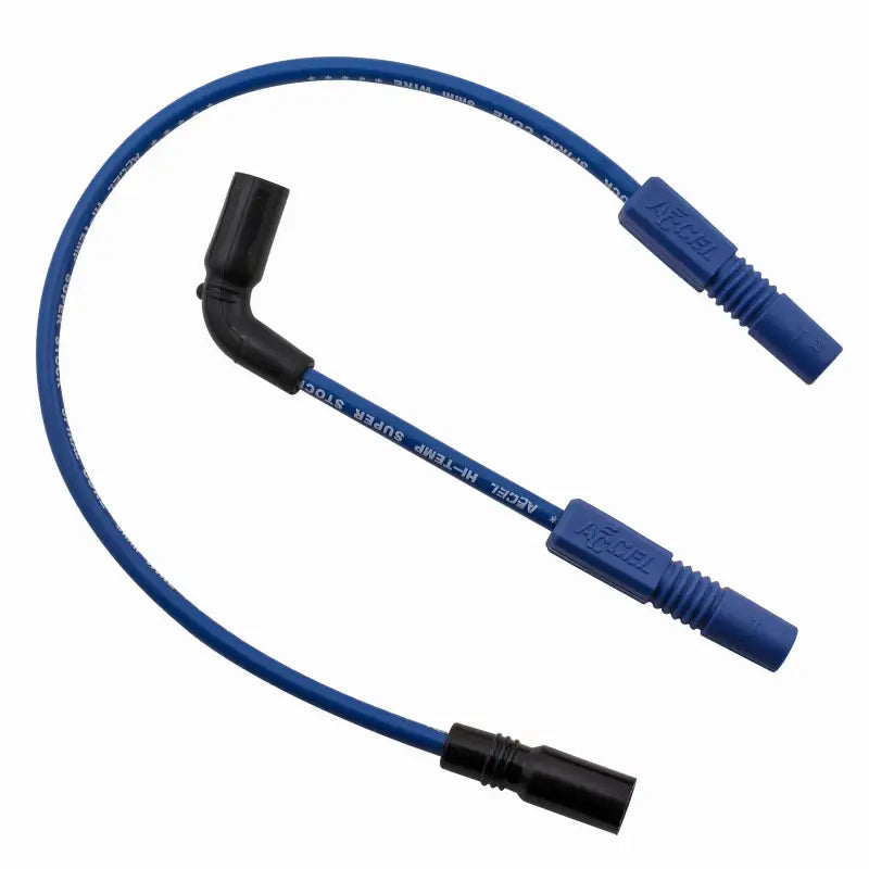 Blue spiral core wire set with black and blue boots for high-performance ignition systems