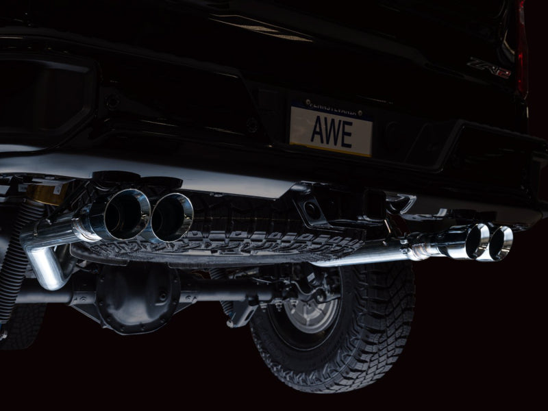 AWE Tuning 3015-42284 AWE Tuning 22-23 GMC Sierra 1500 AT4X 6.2L 0FG Catback Split Dual (Flat Bumper) - Chrome Silver Tips