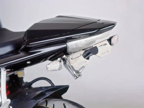 Rear view of a black motorcycle with tail light and turn signals using 1779N Fender Eliminator Kit Black