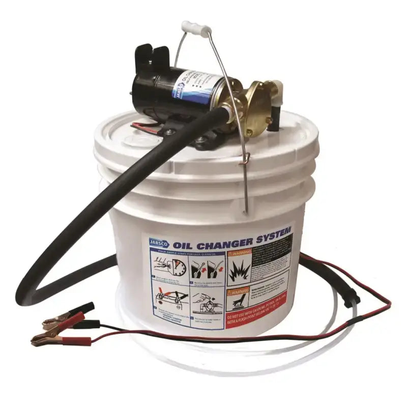 Portable electric oil changer system with pump hoses and battery clips for Jabsco Porta-Quick oil