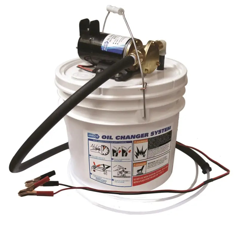 Portable electric oil changer system with pump hoses and battery clips for Jabsco Porta-Quick oil