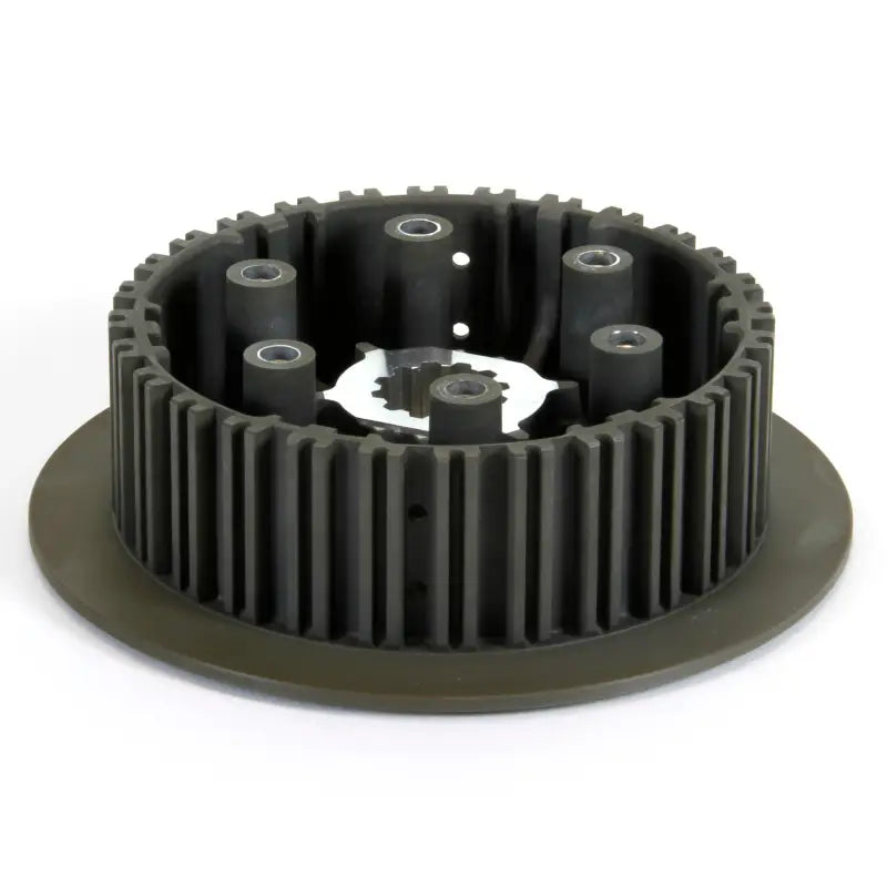 Dark grey motorcycle clutch basket with internal posts and splined hub for OEM specs