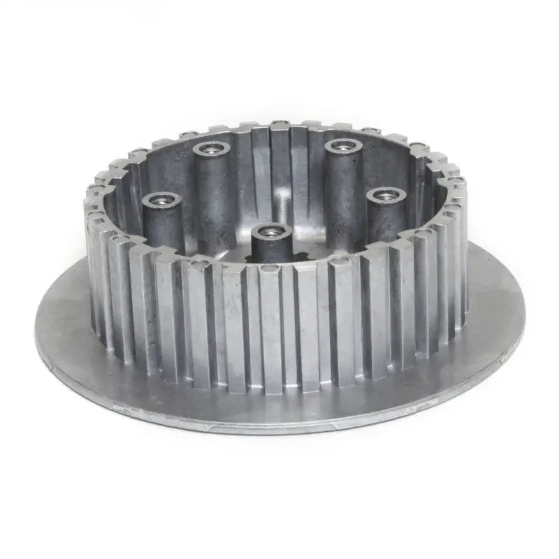 Silver-colored metal clutch basket with internal posts and external teeth for OEM specs RV and truck parts