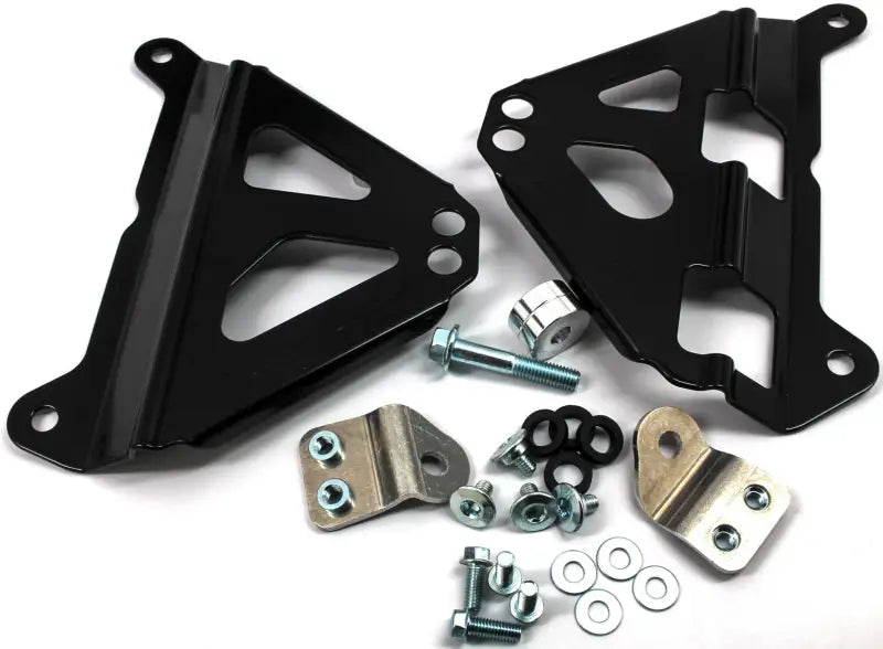 Black metal radiator brace and hardware for RV and truck parts mounting