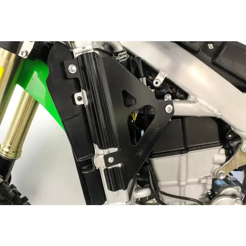 Black 18-B300 radiator braces on a motorcycle for extra protection and style