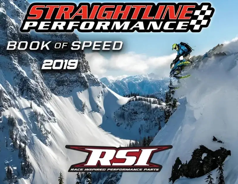 Snowmobile catalog featuring 181-103-YAM Straightline Bottom Wing Front Bumper Blue A/C Pol Yam with mountain jump scene