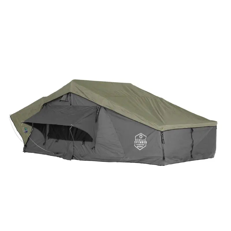 Olive green Overland Vcl Nomadic 3 rooftop tent with pop-up setup