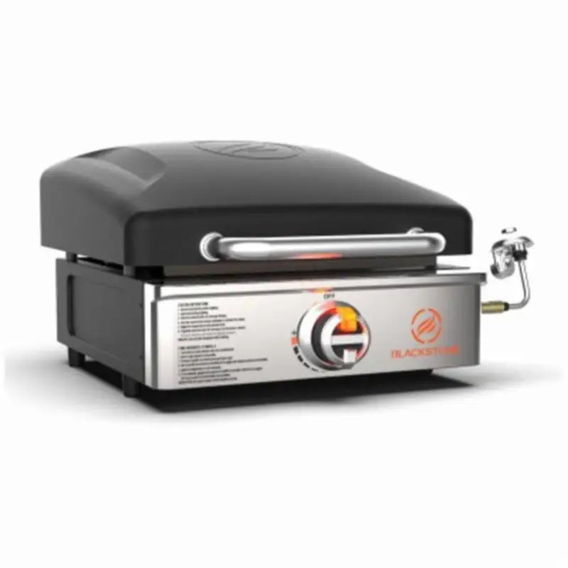 Black and silver portable griddle with hood for cooking area and delicious meals