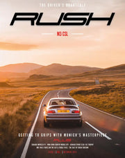 Magazing cover with silver BMW M3 CSL on winding road at sunset for 182-120-orange straightline rugge