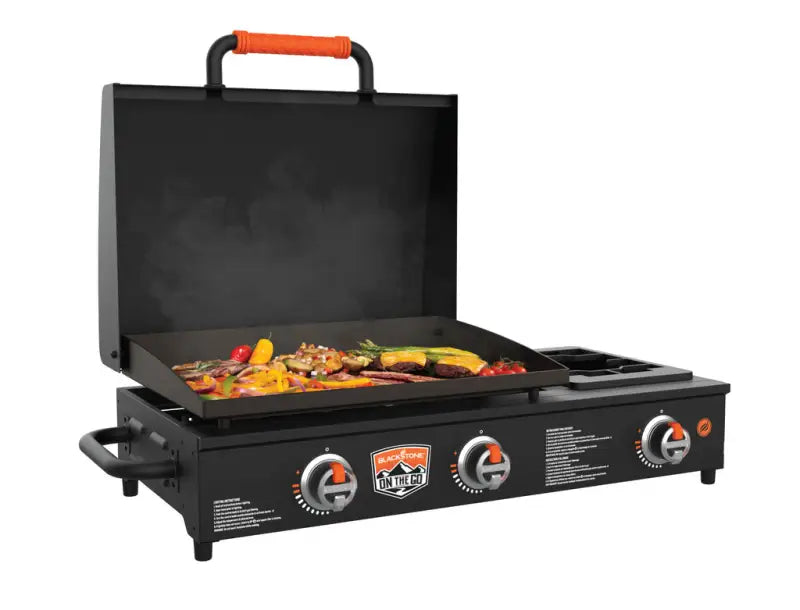 Black griddle with open lid, ample cooking space, durable hood, and control knobs