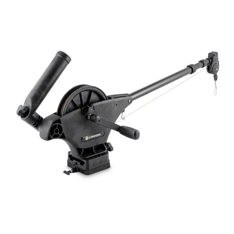 Cannon Downrigger Uni-Troll 10 STX with 24-53' telescoping boom, designed for precision trolling, sturdy build, and easy cable deployment/retrieval.