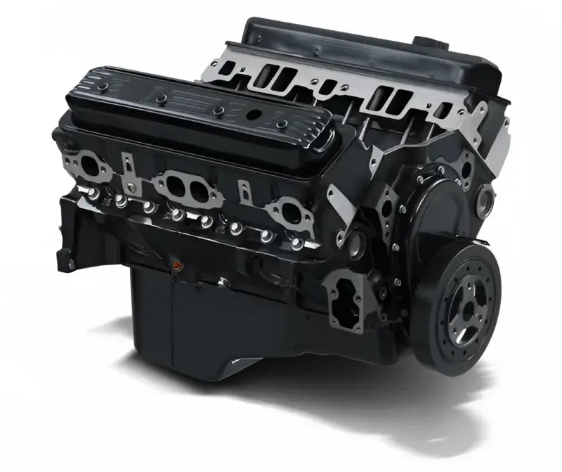 Black V8 engine block with intake manifold and crankshaft pulley for engine asm gasoline