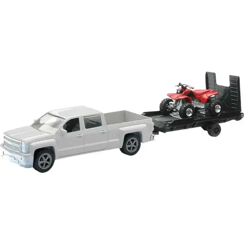 Die-cast 19535B New-Ray Replica 1:43 Truck/Trailer/Atv Chevy White/Atv Red, perfect for collectors and enthusiasts.