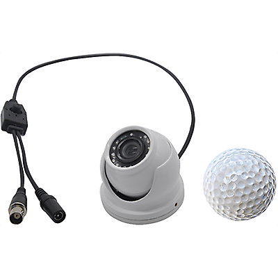 Compact C55 KJM Camera Mini Dome 1000Tvl in White, ideal for indoor surveillance, shown next to a golf ball for scale with connecting cables.