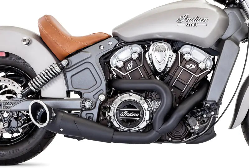 Silver Indian Scout motorcycle with black tip exhaust and turnout black style seat