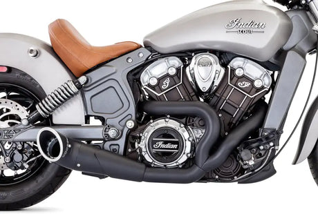 Silver Indian Scout motorcycle with black tip exhaust and turnout black style seat