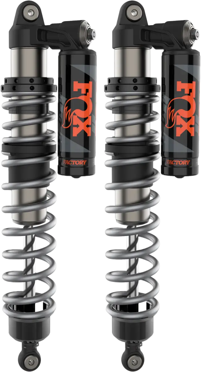 Black and silver coil-over shock absorbers with external reservoirs for RV parts & accessories