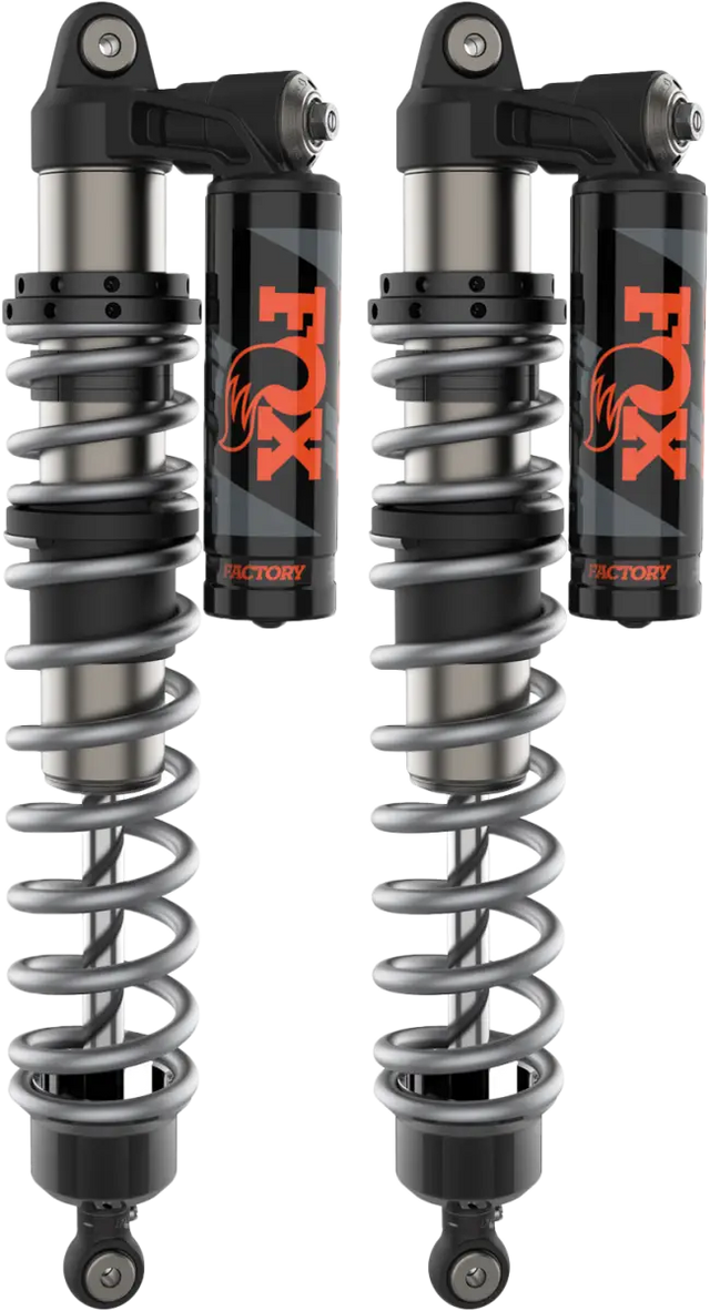 Black and silver coil-over shock absorbers with external reservoirs for RV parts & accessories