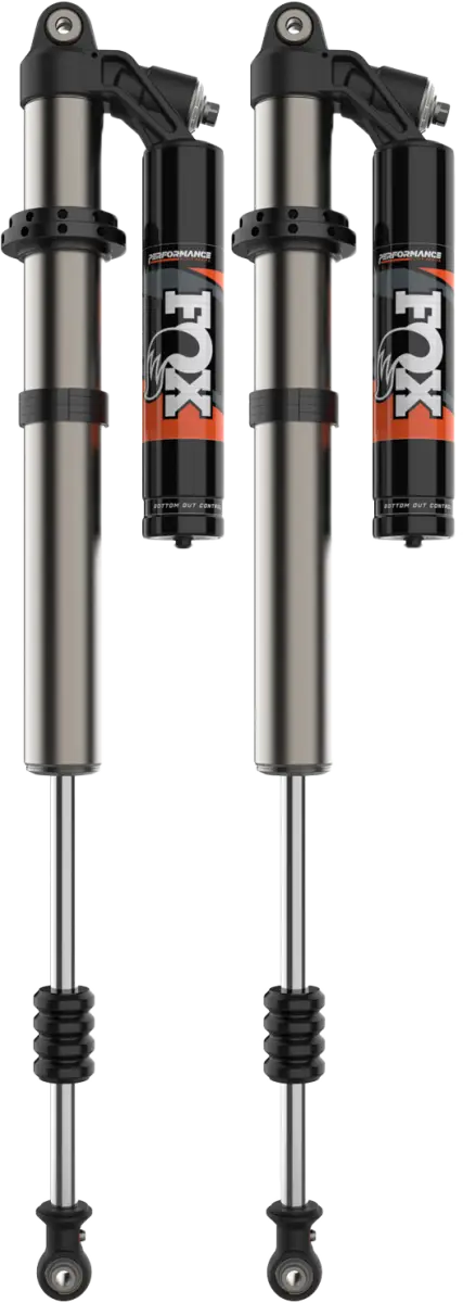 Pair of high-performance off-road shock absorbers with remote reservoirs for 2.5 Podium Rc2 Rear Pol 4 Seat, featuring dual-speed compression and wide-range rebound, ideal RV parts & accessories