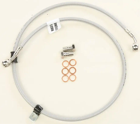 Silver braided brake line with fittings and washers for 2 Line Front Brake Line Kit