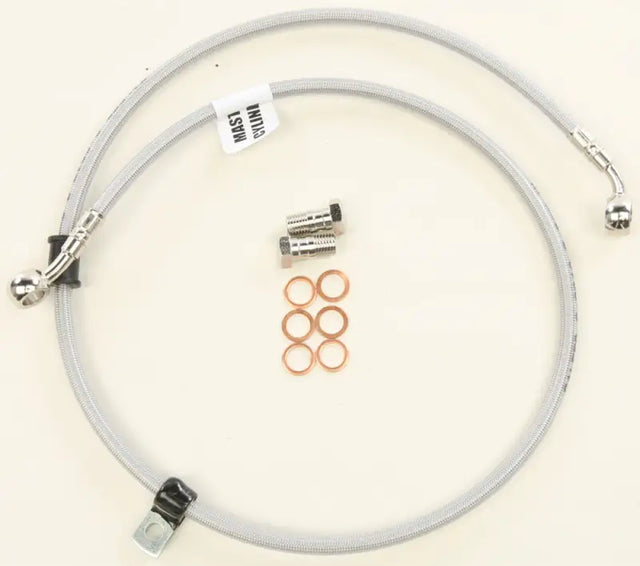 Silver braided brake line with fittings and washers for 2 Line Front Brake Line Kit
