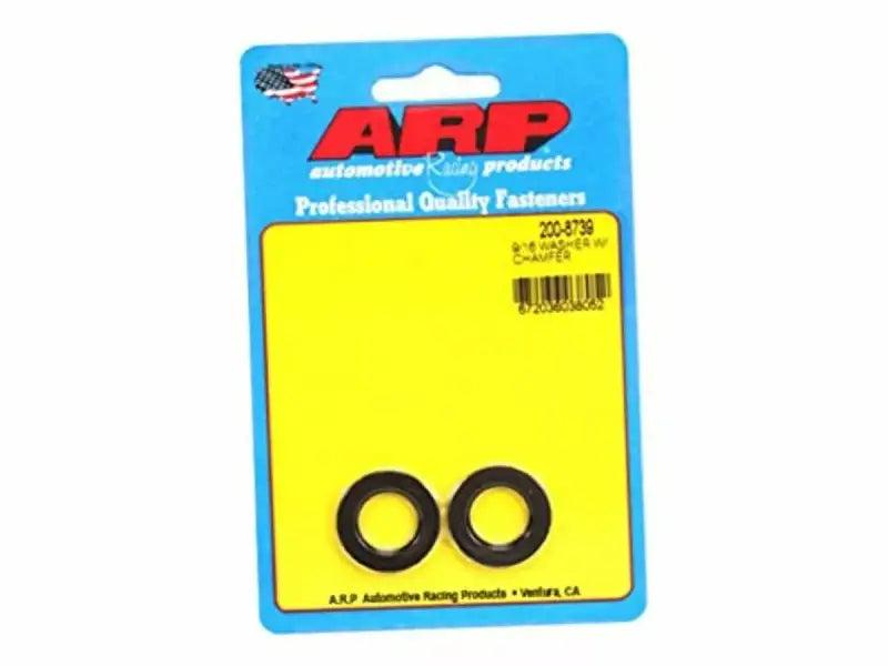 Two black ARP OD Chamfer Washers for automotive assembly purposes