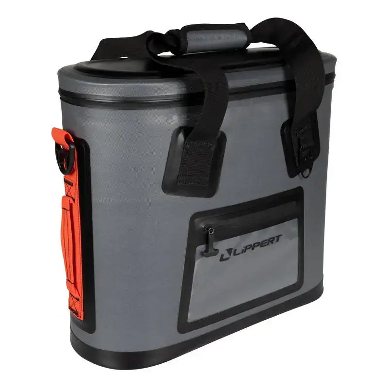 2021099913 Lippert Comp Adventure Cooler 30 - durable gray cooler with black handles, orange adjustable shoulder strap, integrated bottle opener, and front zip pocket.