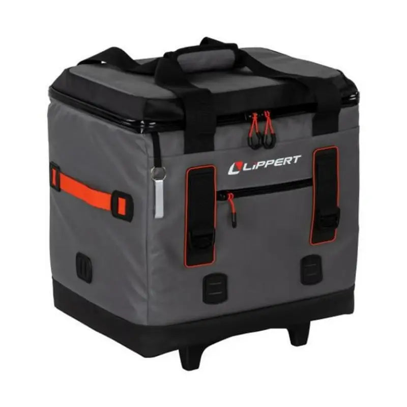 2021099917 Lippert Comp Adventure Cooler 40, rugged outdoor cooler, 40-quart capacity, insulated design, durable construction, gray with black and red accents, convenient carrying handles, sturdy latches, perfect for camping, hiking, road trips.