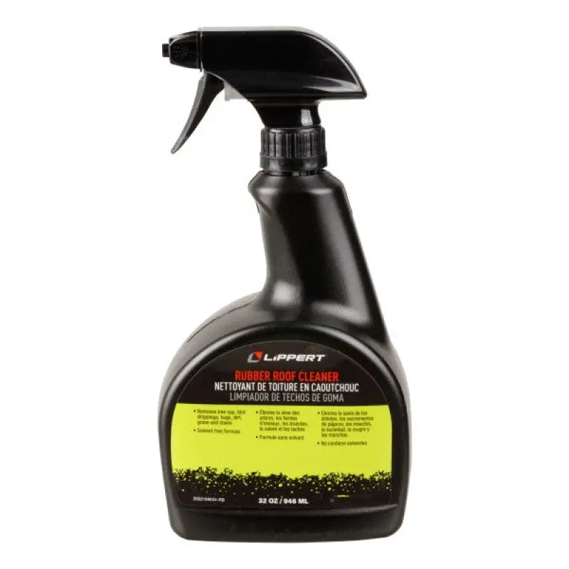 Black spray bottle of Lippert rubber roof cleaner for rubber roof maintenance
