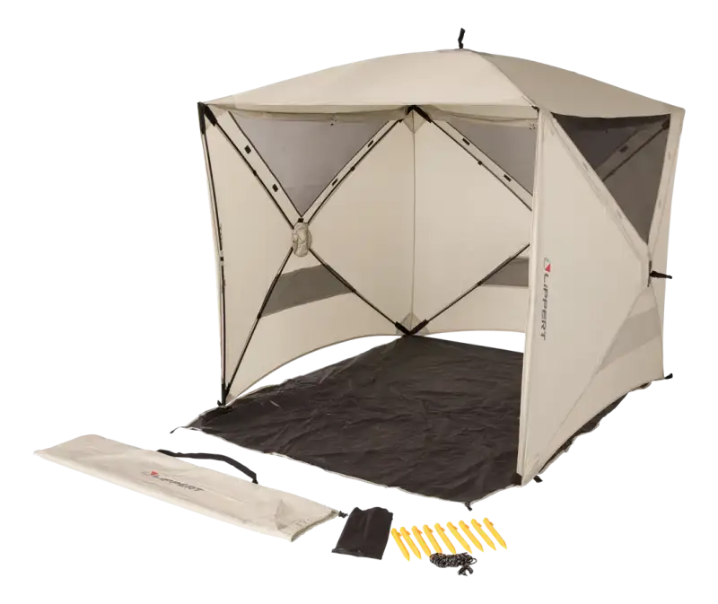 Portable beige popup sun shelter for outdoor relaxing and shade protection