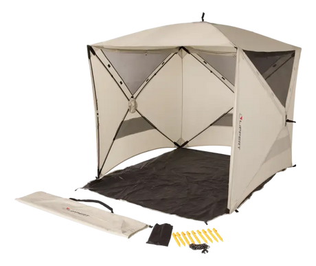 Portable beige popup sun shelter for outdoor relaxing and shade protection