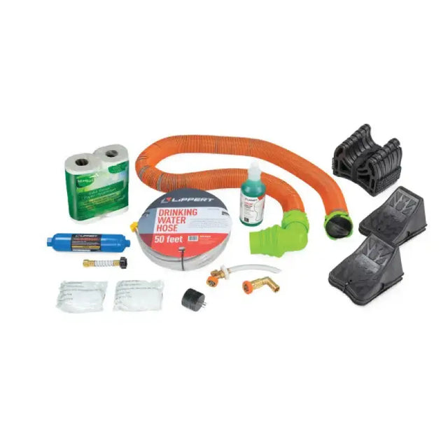 Lippert RV Starter Kit - Standard accessories, including drinking water hose, toilet paper, chocks, and cleaner for an essential RV setup.