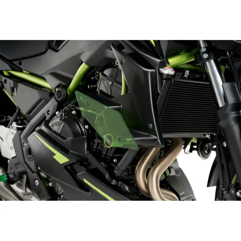Black Kawasaki motorcycle with 20328N Puig Downforce side spoilers and green winglet