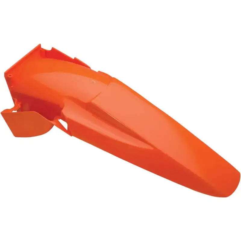 Orange rear fender for bike, durable protection against dirt, easy installation, compatible with various models.