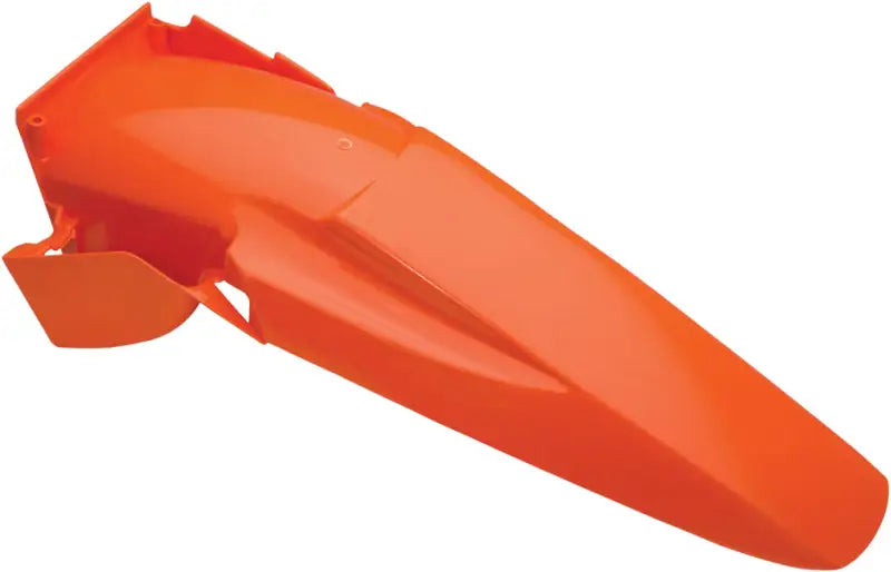 Orange rear fender for bike, durable protection against dirt, easy installation, compatible with various models.