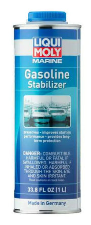20502 Liqui Moly Marine Gasoline Stabilizer, 1L can, preserves and improves engine performance, prevents fuel oxidation, protects against deposit formation, made in Germany.