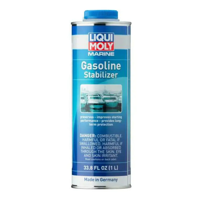 20502 Liqui Moly Marine Gasoline Stabilizer, 1L can, preserves and improves engine performance, prevents fuel oxidation, protects against deposit formation, made in Germany.