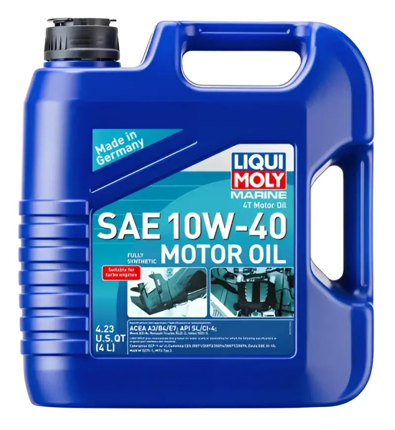 Blue canister of 20508 Liqui Moly Marine 4T Motor Oil 10W-40, designed for marine 4-stroke engines, offering superior lubrication and engine protection.