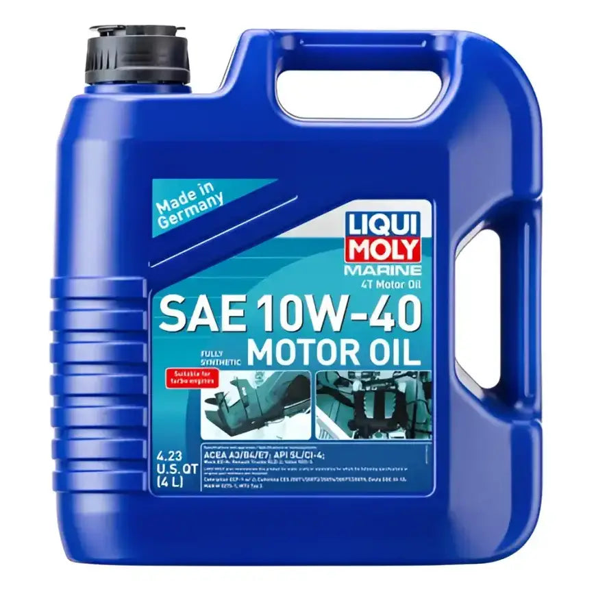 Blue canister of 20508 Liqui Moly Marine 4T Motor Oil 10W-40, designed for marine 4-stroke engines, offering superior lubrication and engine protection.