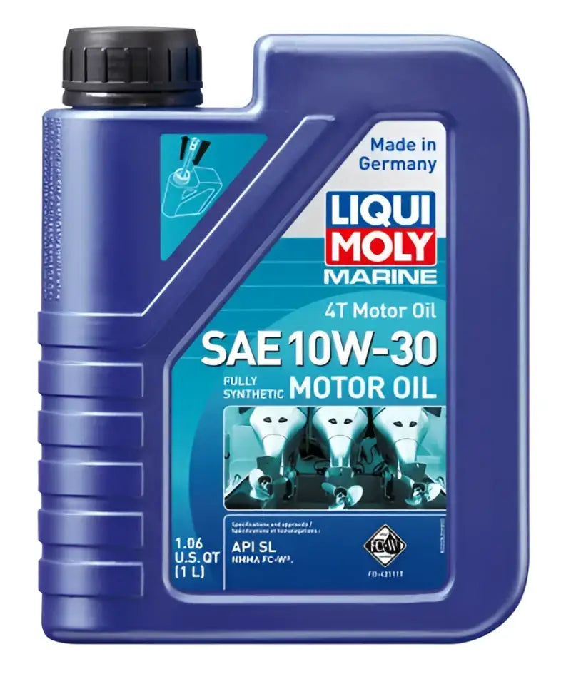 20520 Liqui Moly Marine 4T Motor Oil 10W-30, 1.06 qt bottle, high-quality synthetic motor oil for 4-stroke marine engines offering superior protection and performance in demanding marine conditions.