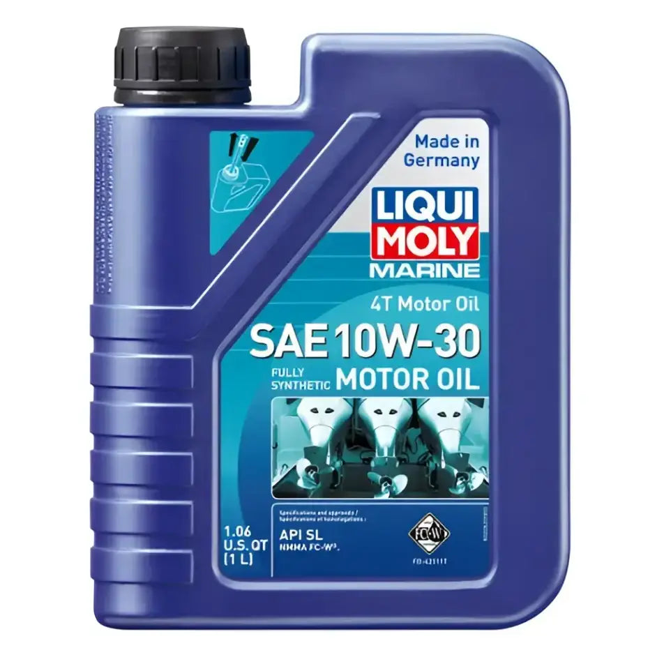 20520 Liqui Moly Marine 4T Motor Oil 10W-30, 1.06 qt bottle, high-quality synthetic motor oil for 4-stroke marine engines offering superior protection and performance in demanding marine conditions.