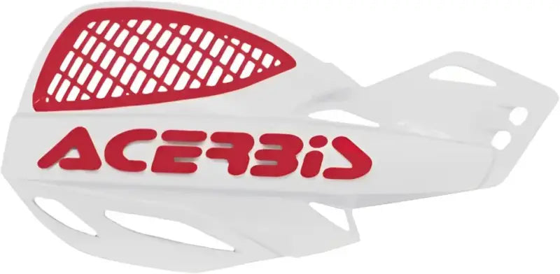 White Uniko Vented Handguards with Red Mesh Vent and Brand Name for Motorcycles